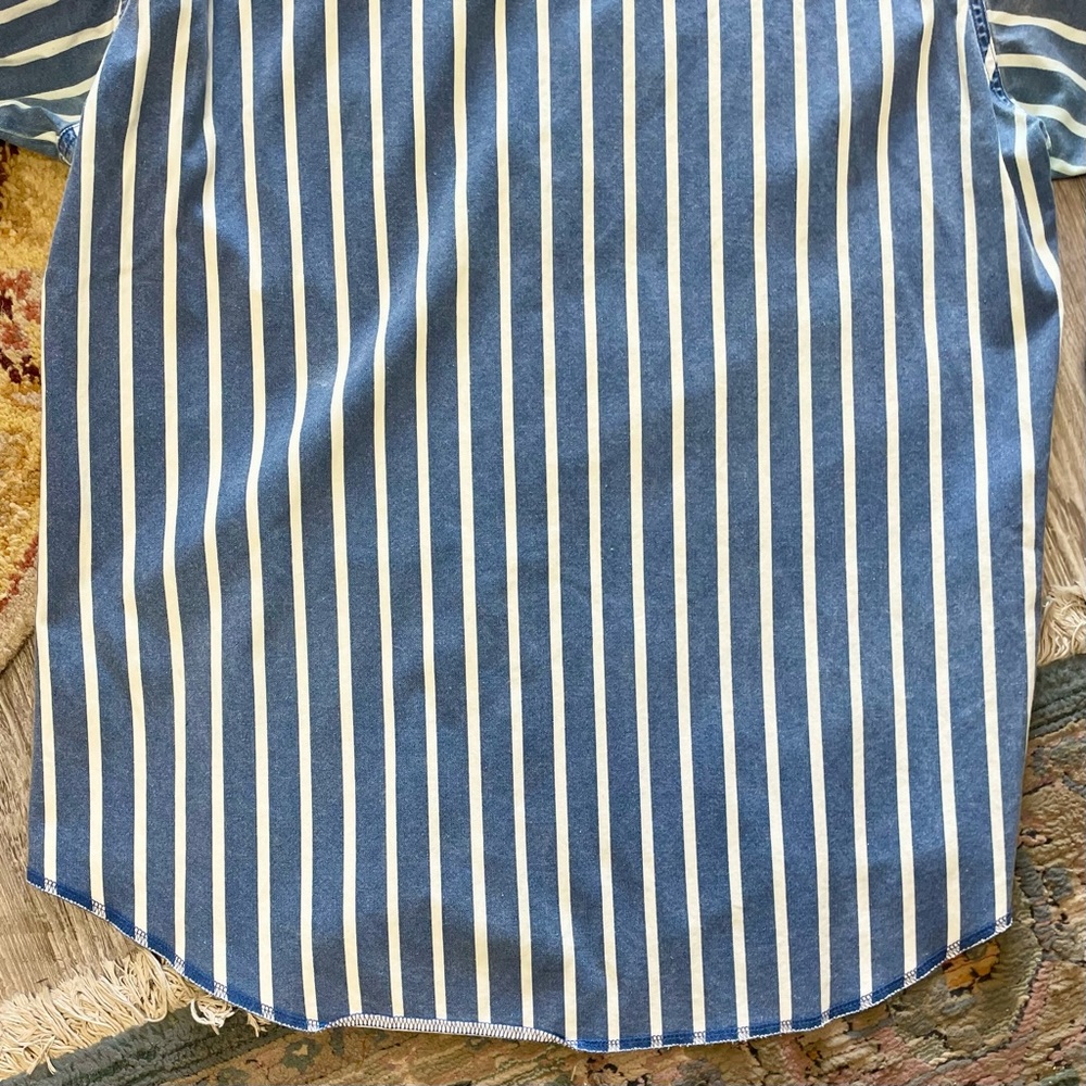 Vintage 1990s Wrangler Brushpopper Pearl Snap Striped Denim Botton Down Shirt - Picture 10 of 13